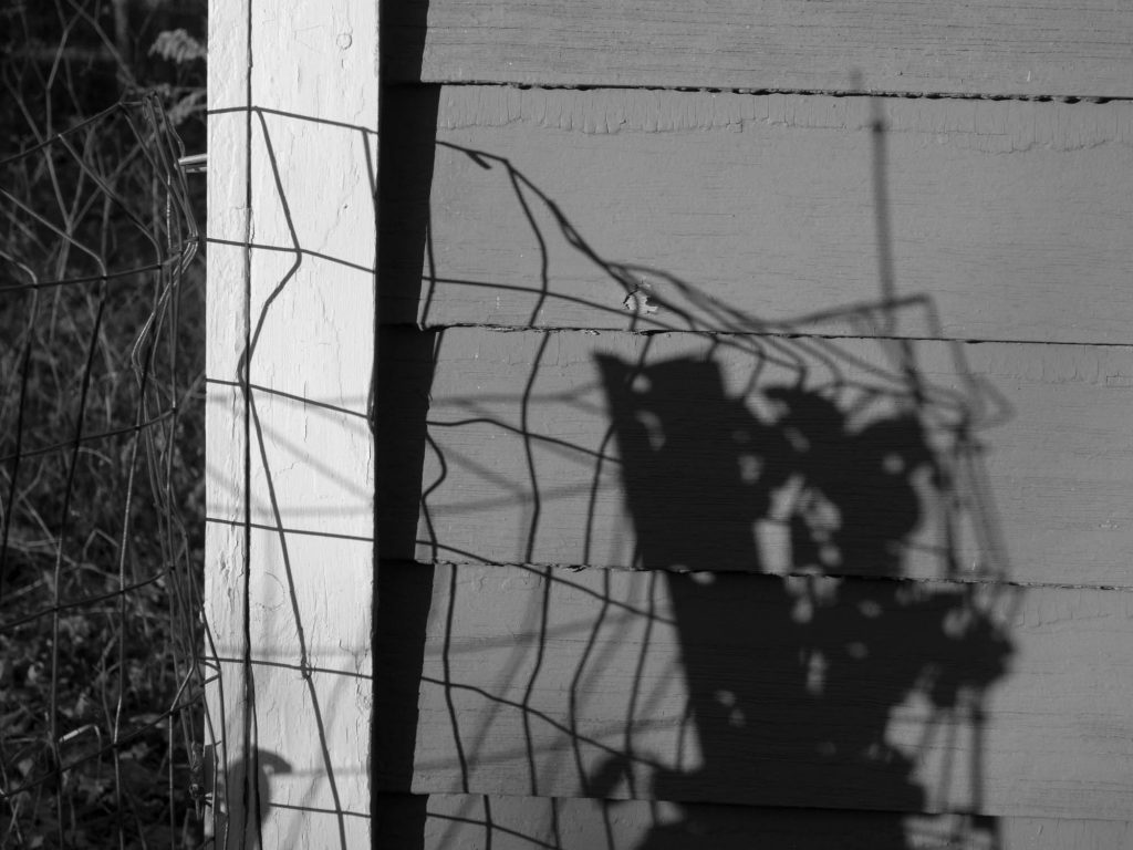 Shadow of wire fence on side of porch.