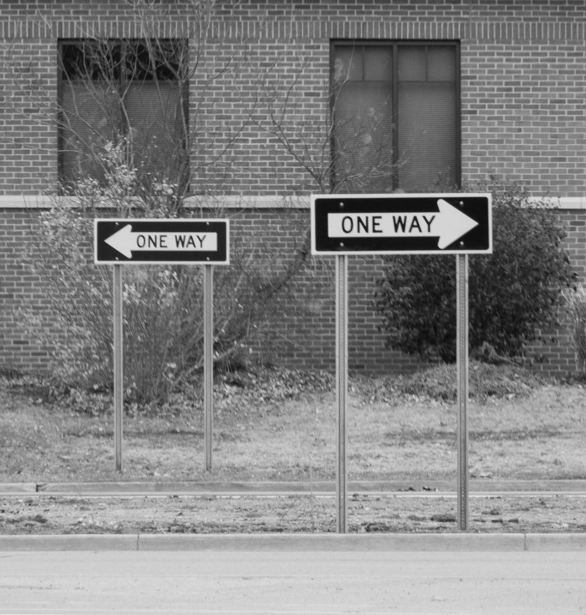 Two one-way signs pointing in opposite directions.